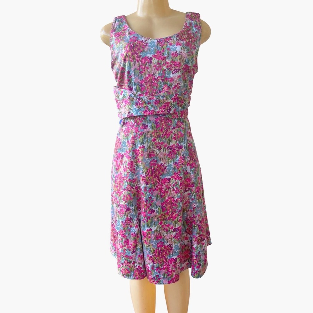 Sag Harbor Dress Womens 10 Pink Blue Floral Fit Flare Cotton Stretch Sleeveless - Picture 2 of 13